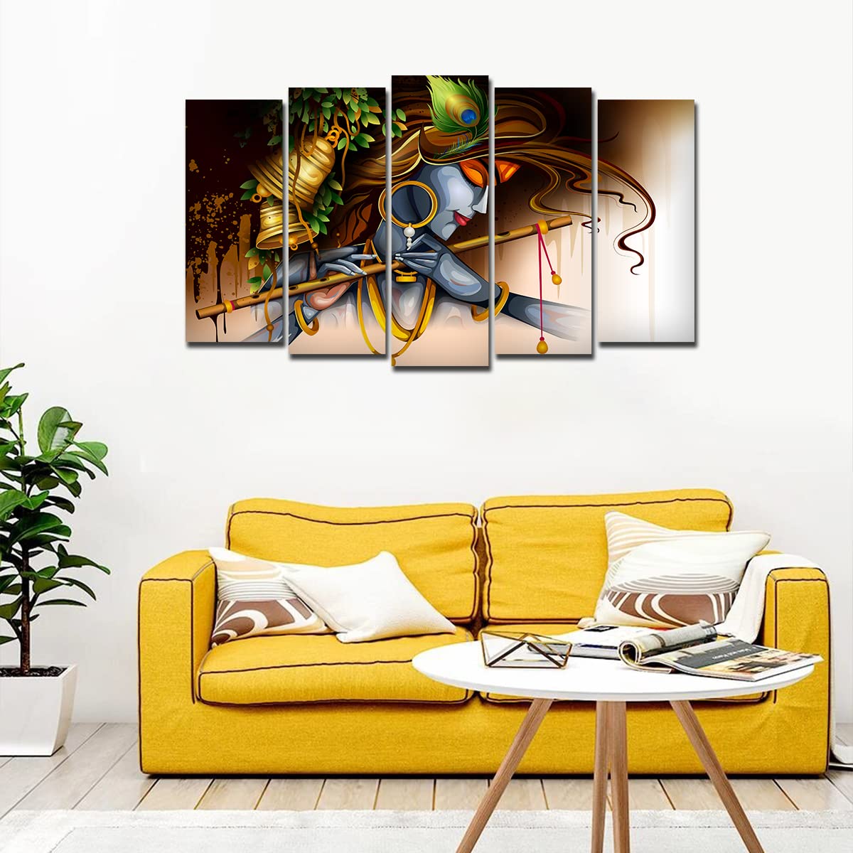 VIBECRAFTS A Beautiful Krishna Playing Bansuri 5 Pieces Canvas Wall Painting For Home|Office|Living Room|Gift (PTVC5Pcs2_6505)