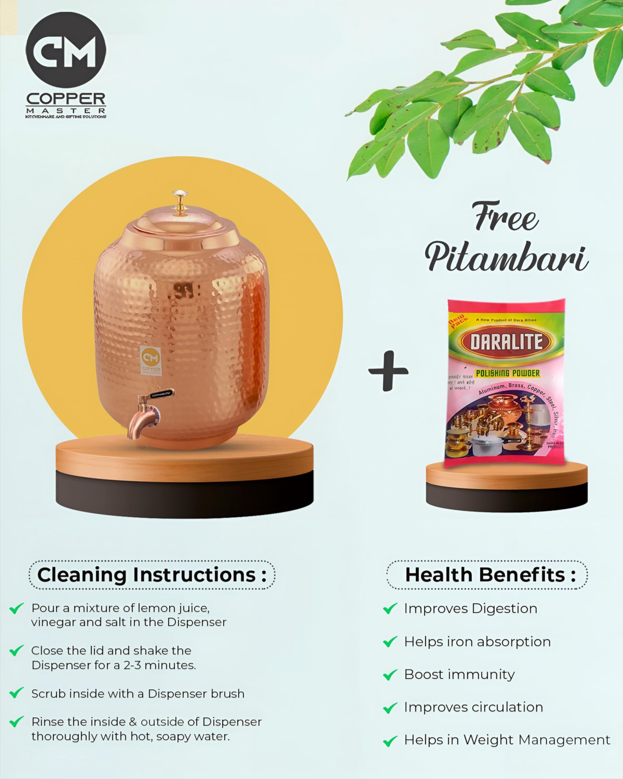 Copper-Master 18 Litre Hammered Copper Water Dispenser (Matka) Container Pot with 6 Glasses with Many Ayurvedic Health Benefits (18000 ml + 1800 ml)