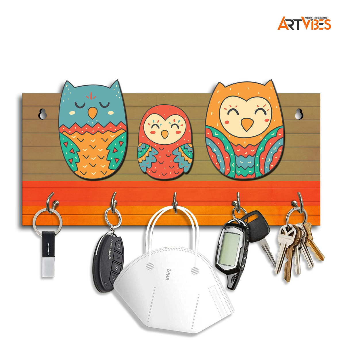 Artvibes Unique Stylish Wooden Key Holder for Wall Decor with Stylish Stainless Steel 5 Hooks Beautiful Key Organizer for Home Decoration(KH_800)