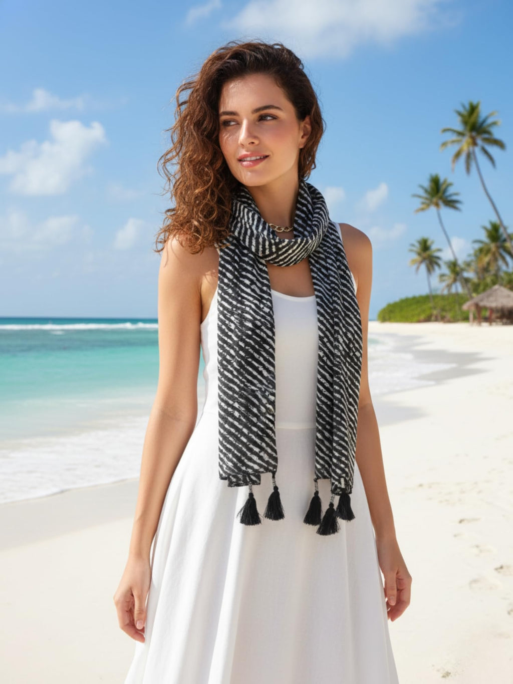 KE KANHA EXPORTS Scarf for Women Boho | Border Print Stylish | Stole for Women Breathable Summer Beach Wrap with Tassels | Multicolour |180 x 50 cm (Baltic Sea)