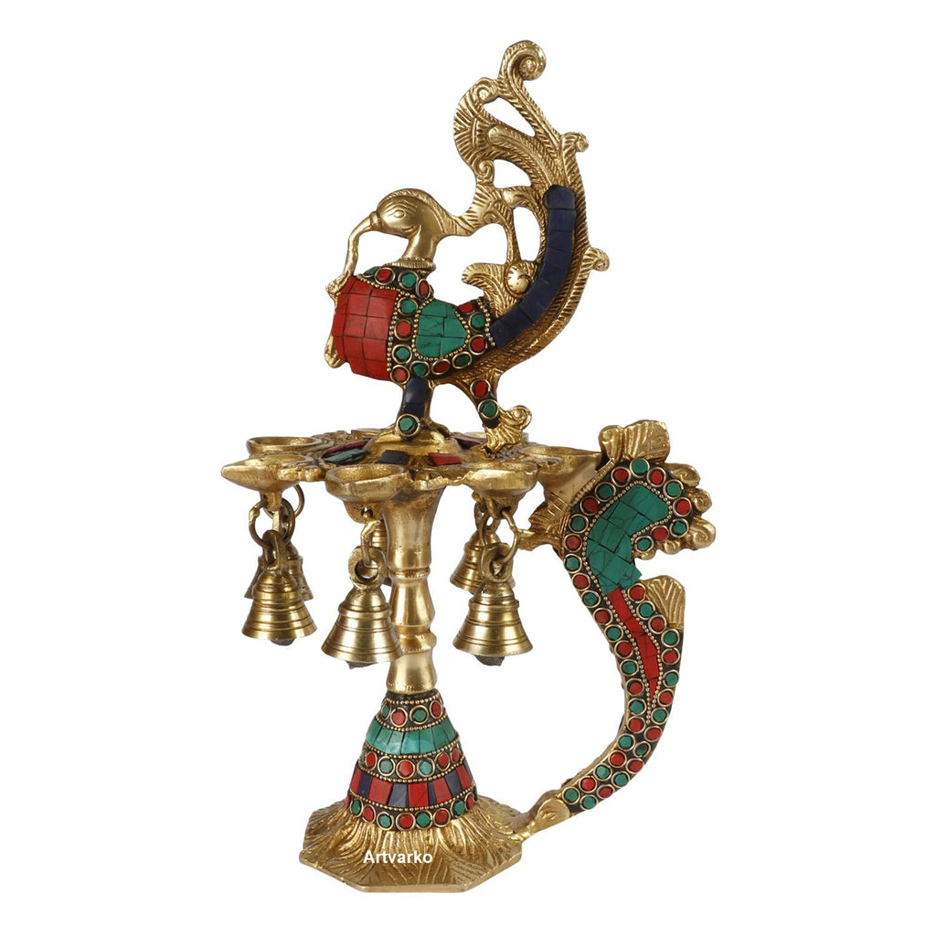 Artvarko 1 Feet Large Brass Peacock Design Multi Oil Wick Diya Lamp Pooja Home Decor Showpieces Diwali Gift.