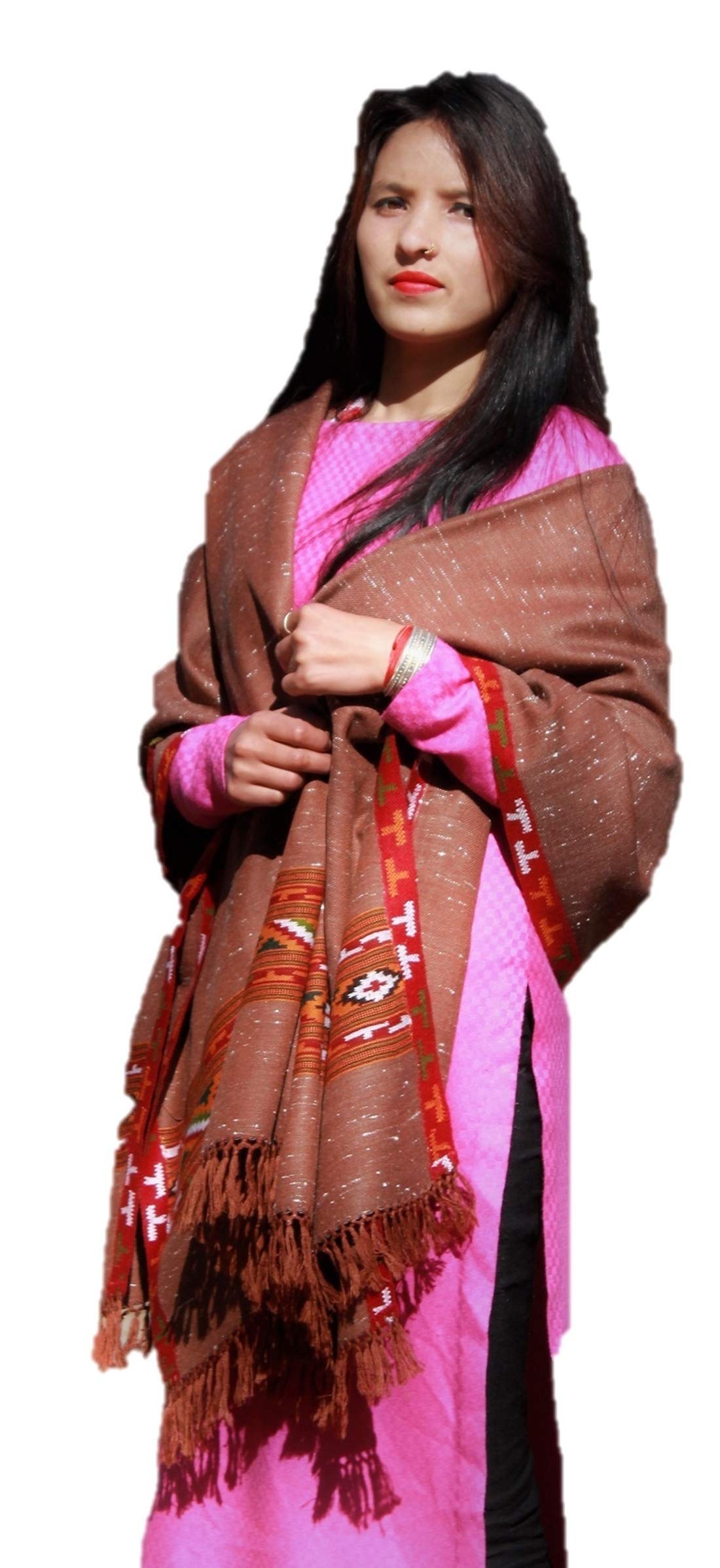 HImalayanKraft Hand Woven Kullu Handloom Woolen Shawl Brown Colored with Beautiful Kullu Weaving Designed for Women and Girls.