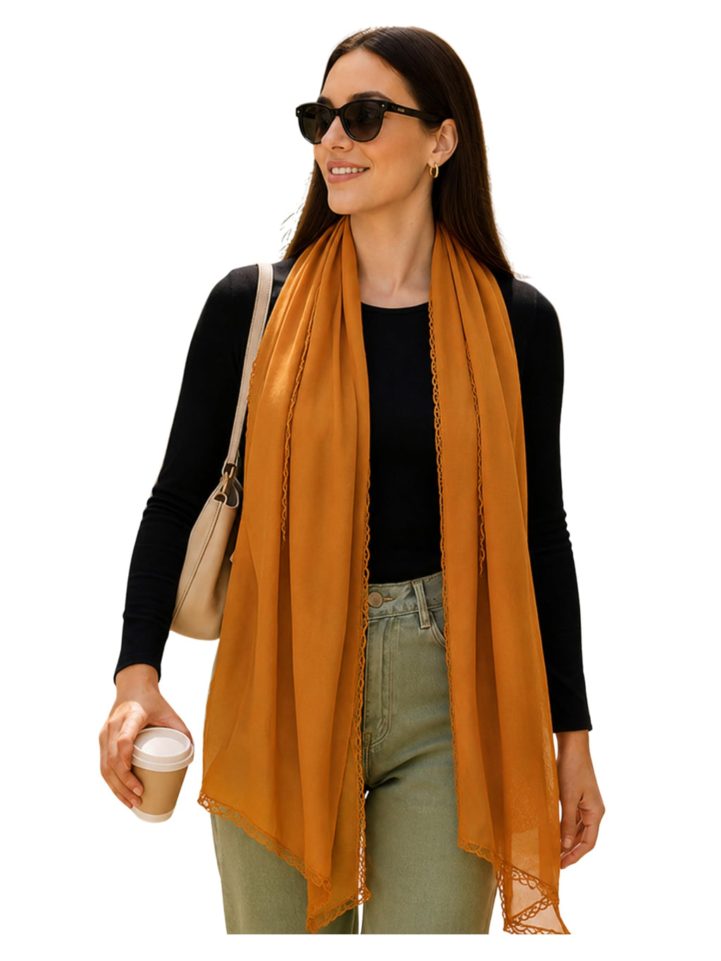 Ravaiyaa Women Solid Chiffon Scarves With Lace Border | Women Lightweight Breathable Solid Color Soft Chiffon Long Fashion Scarves Sun-proof Shawls Wrap (Mustard Yellow)