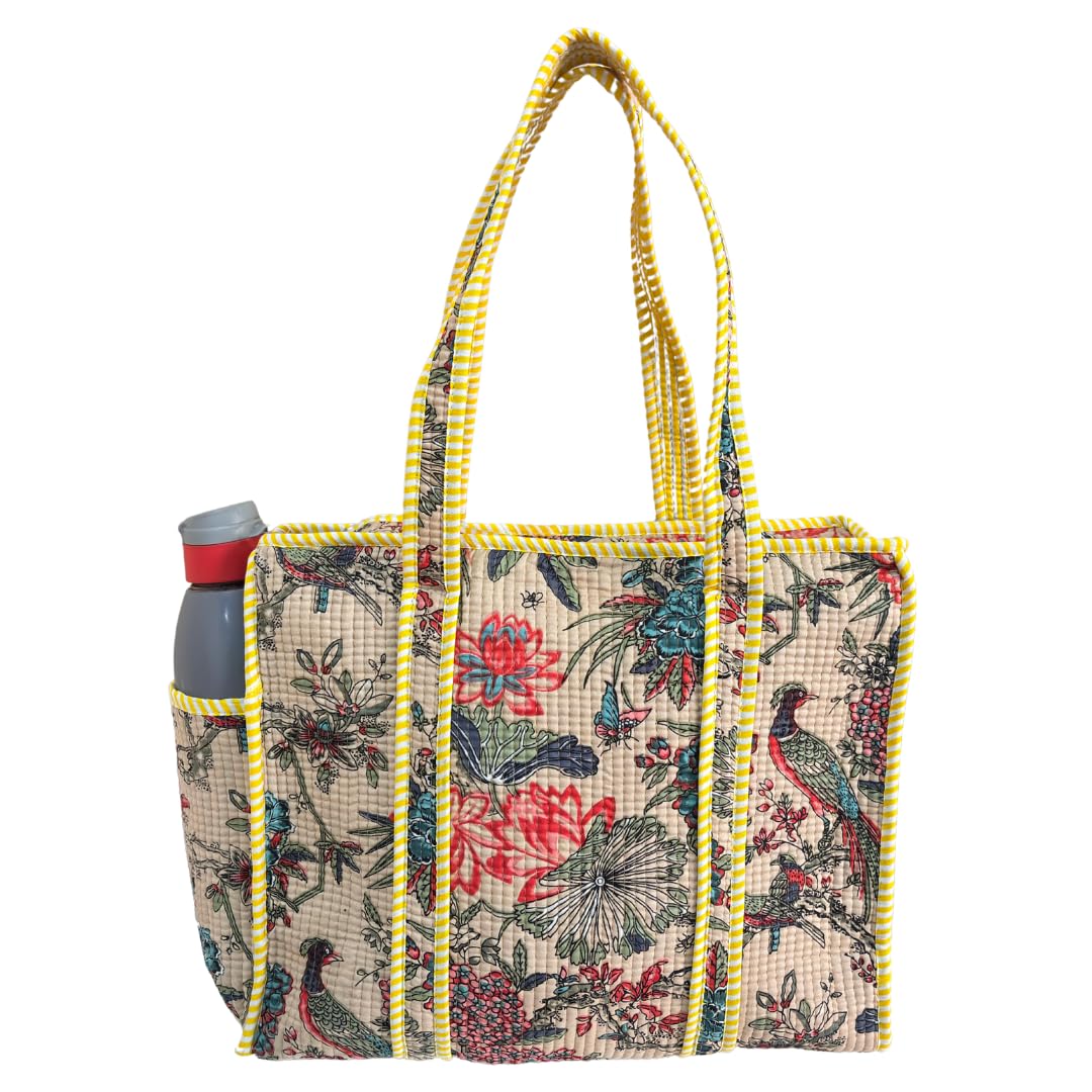 The House of RajPadmini Floral Quilted Cotton Shopping Tote Bag, 16x16 inches, Striped Trim, External Bottle Pocket (Off-White)