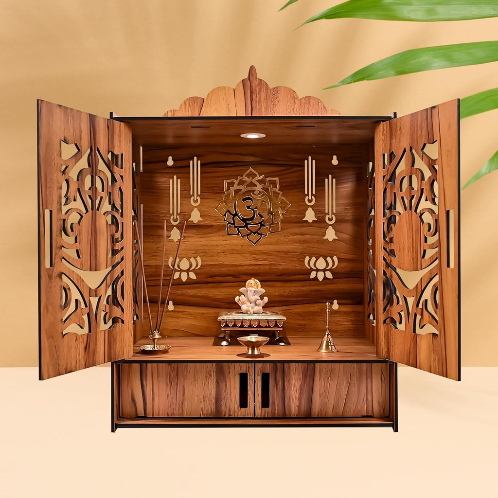 LAVKUSH Art Creation Wooden Temple for Home Mandir with Doors & Drawer | Handcrafted Wall Mount Pooja Mandir with LED Light & OM Design | Wooden Pooja Temple for Home & Office (16x9x11 Inch)