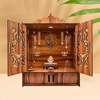 LAVKUSH Art Creation Wooden Temple for Home Mandir with Doors & Drawer | Handcrafted Wall Mount Pooja Mandir with LED Light & OM Design | Wooden Pooja Temple for Home & Office (16x9x11 Inch)