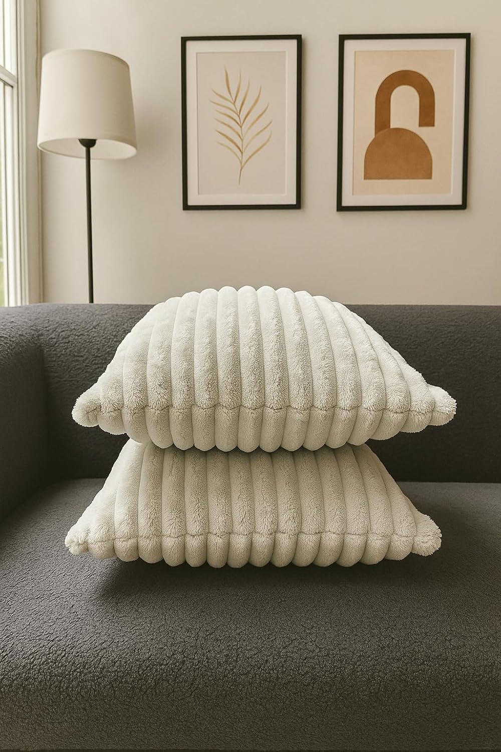 AWARD VELVETS Premium Faux Rabbit Fur Plush Luxury Soft Fluffy Striped Decorative Throw Pillow/Cushion Covers for Sofa, Couch, Living Room - (Light Grey, 16 x 16 inch) Set of 1