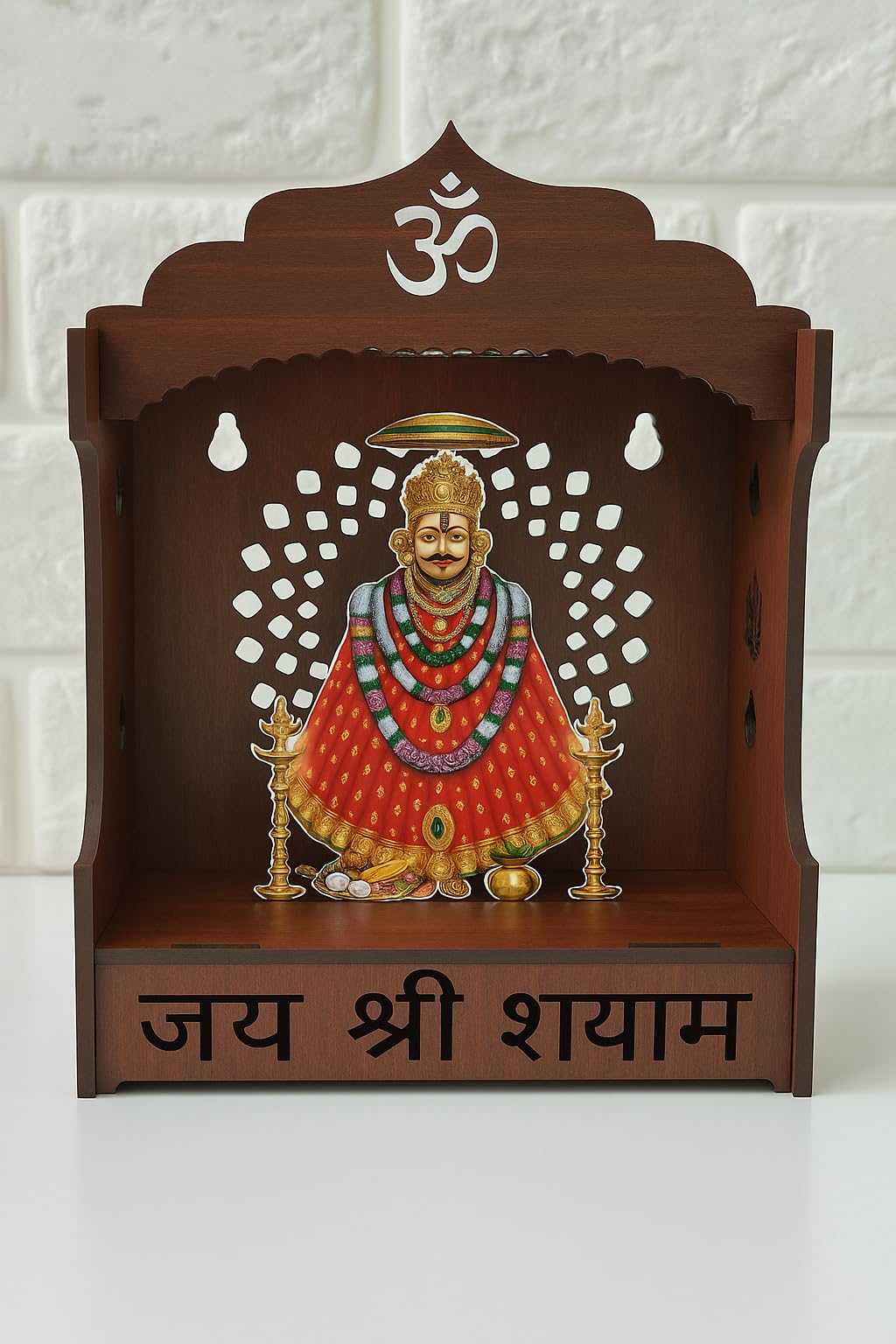 LightingKart Premium Wooden Temple for Home | Customizable Pooja Mandir with LED Light | Small Wooden Mandir for Office Desk, Wall & Gifting (12.7×11.43×7.62 cm)
