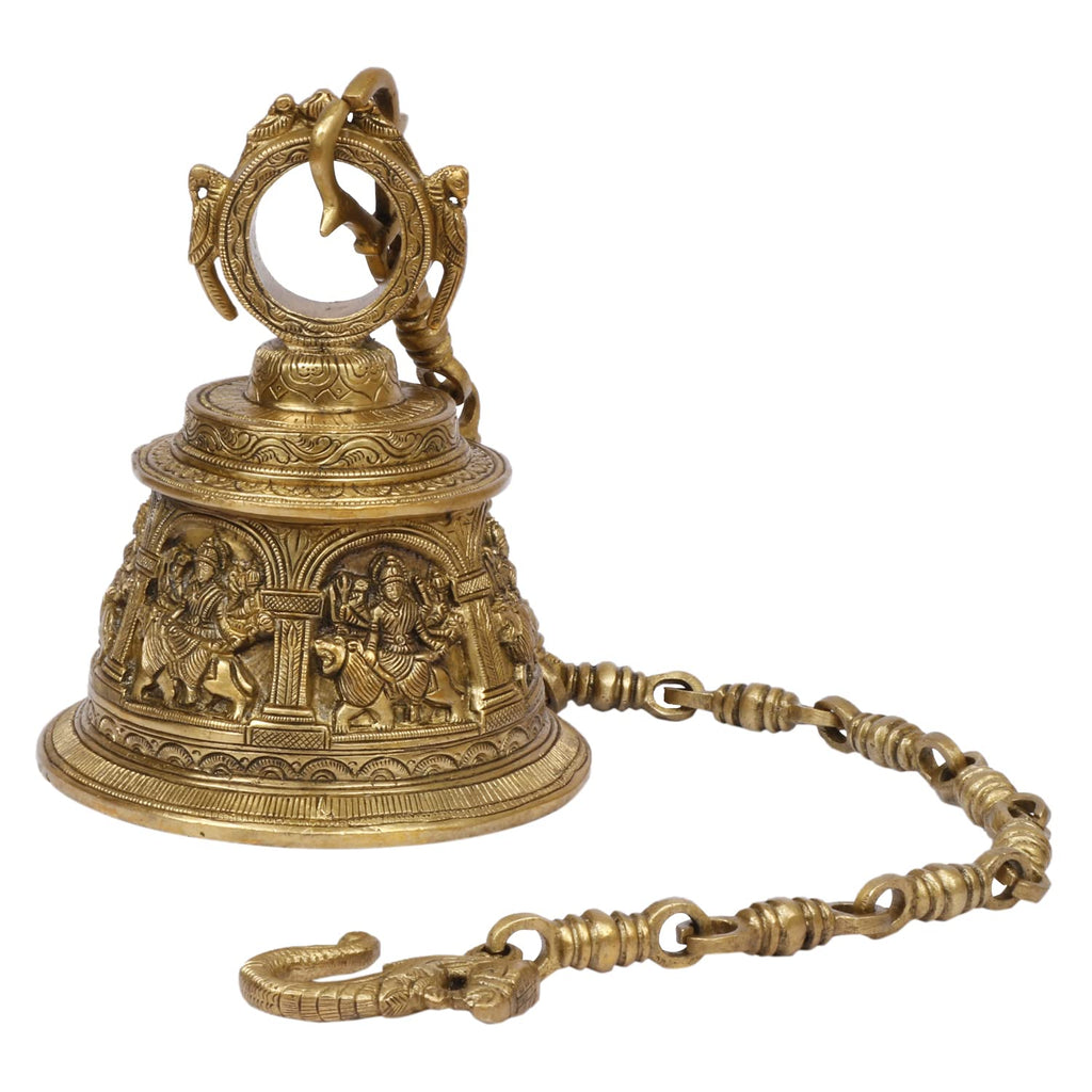 Artvarko Goddess Maa Durga Engraved Sherawali Brass Big Bell with Chain Hanging for Pooja Puja Room Mandir Ghanta Home Entrance Décor