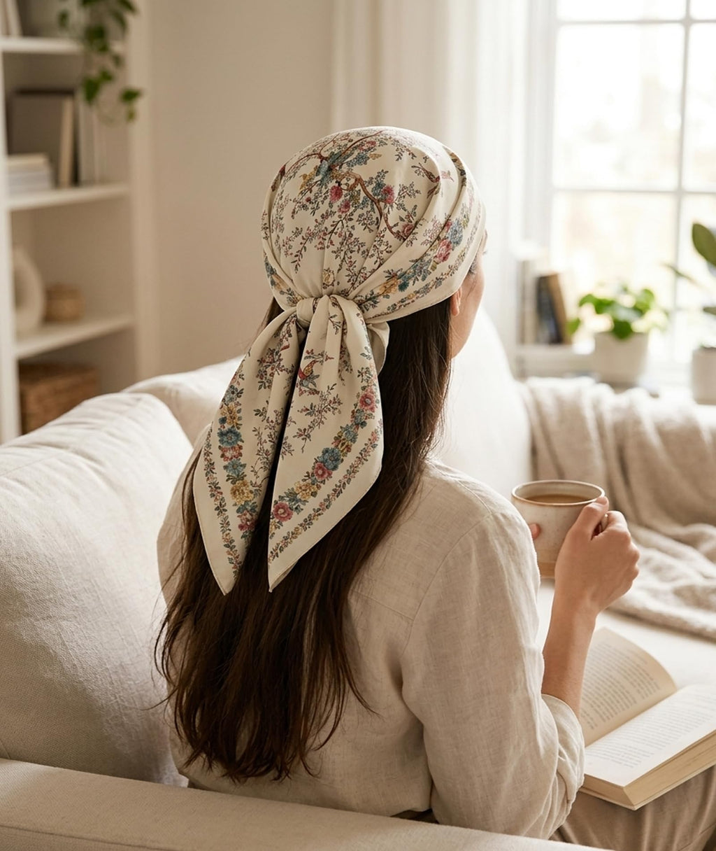Head Scarf for Women, Fashion Silk Scarf for Stylish Hair Protection, Multipurpose Headwear for Sleeping and Daily Use, 2PCS Floral Bird Pattern Design in White and Blue, 70cm x 70cm Square Size