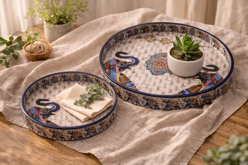 Dreams n Decor Round Wooden Serving Tray Set of 2 | MDF Decorative Trays for Center Table & Dining | Traditional Elephant Print (7 & 9) | Perfect for Tea, Coffee, Snacks & Housewarming Gifts