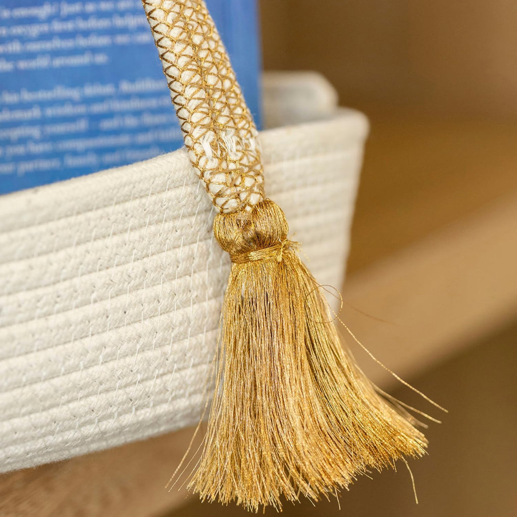 AN Enterprises Woven Rope Tote Basket Bag with Tassel Handles – Large Cotton Rope Storage Basket for Home, Beach, Market, Nursery – Decorative Handbag for Women (Golden Handle)