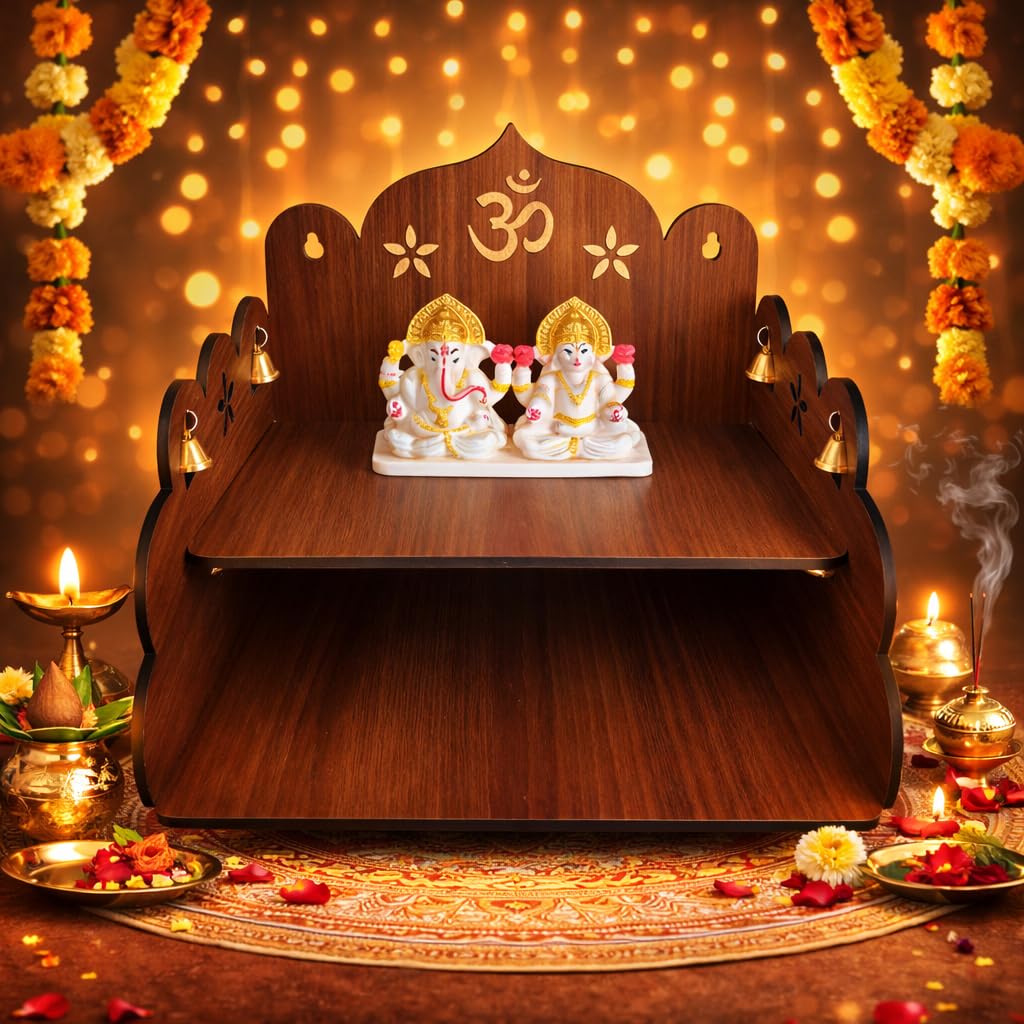 Bindian Wooden Pooja Mandir for Home Wall Mounted | Wooden Table Top God Temple | Pooja Stand for Home | Puja Mandir | Puja Unit for House | Temple for Office (Temple 1)