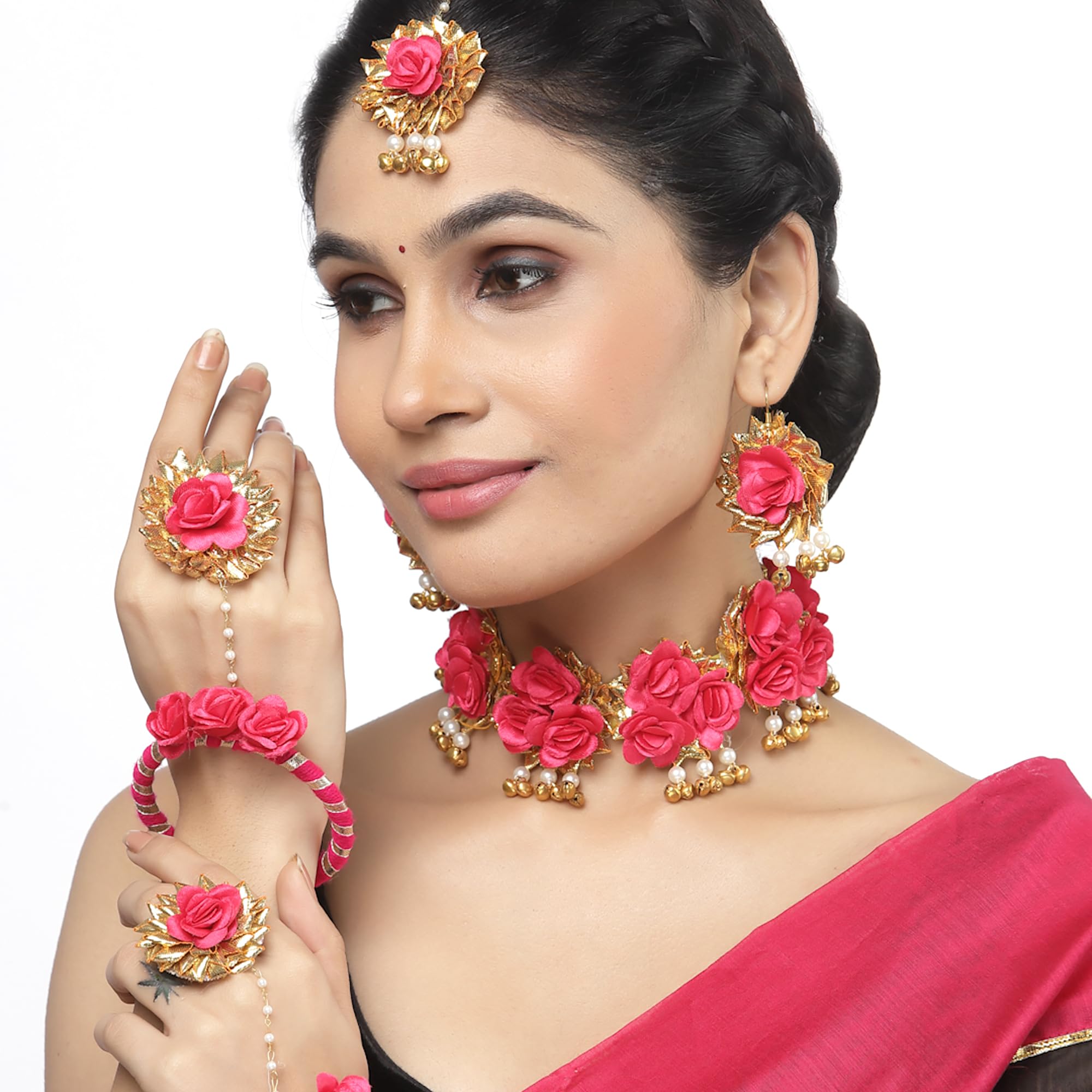 ZENEME Handmade Gold & Red Floral Jewellery Set for Women & Girls | Handcrafted Flower with Pearls Necklace Set with Earrings, Maang Tikka & Pair of Hathphool | Mehendi, Haldi, Wedding & Bridal Jewallery