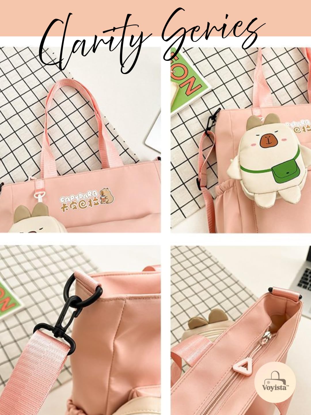 Clarity Series Capybara Tote Bag - Large Kawaii Shoulder Bag for Women, Multi-Pocket Aesthetic Handbag with Cute Plush Charm & Side Pockets- Ideal for Picnic, Travel, and College. (Hopeful Pink)