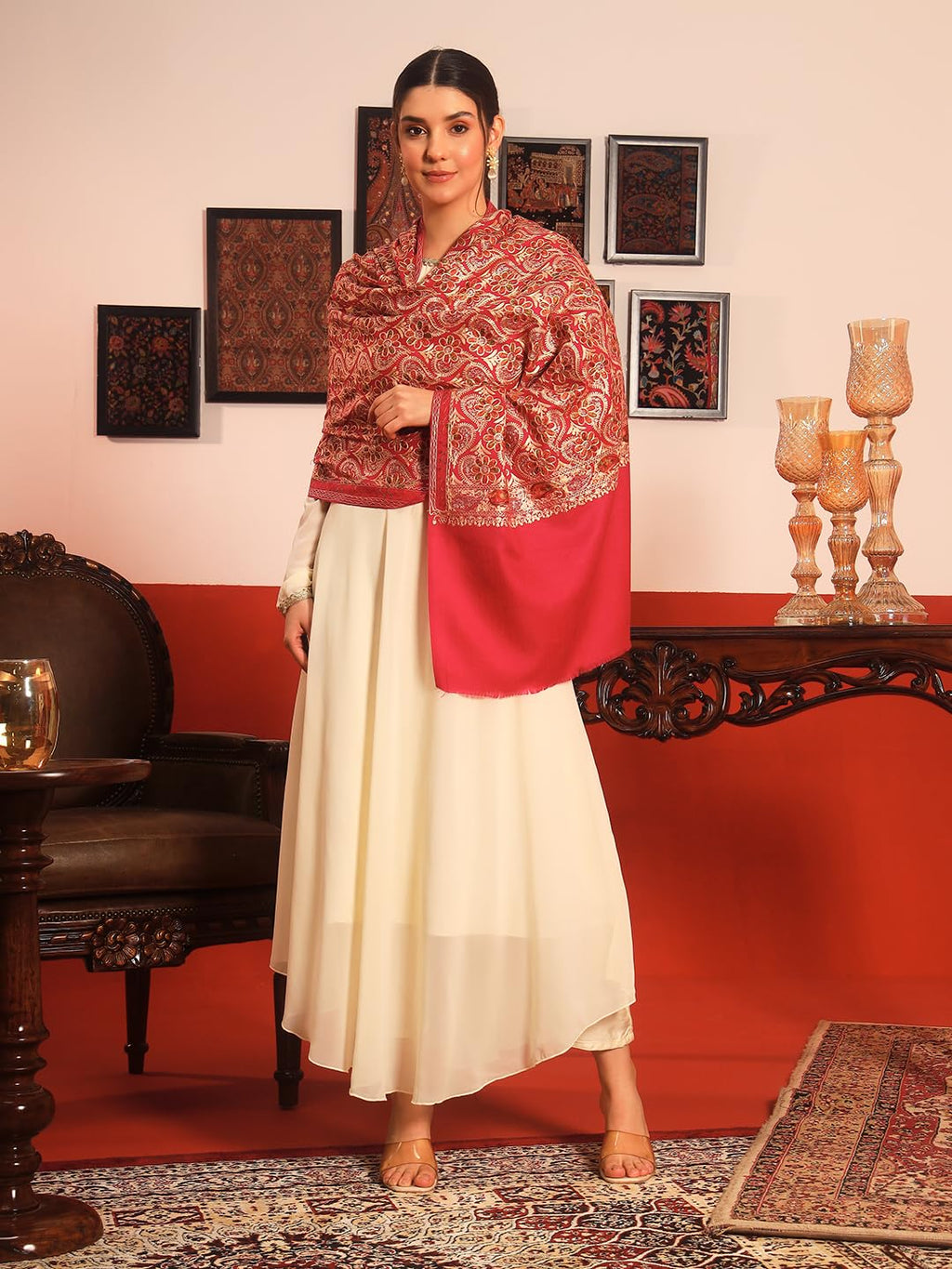 Pashmoda Women Kashish Fine Wool Nalki Embroidered Stole (Size : 28x80in, 71X203cm) EMST01