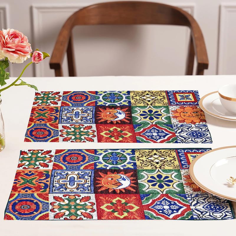 PRAKARTIK BY INDUARTS Sun Moon and Stars Eco-Friendly Cotton Dining Table mats – Reusable, Machine Washable, Everyday Use Red and White Rectangular Placemats, Set of 4 (33x47 cm) Kafalo