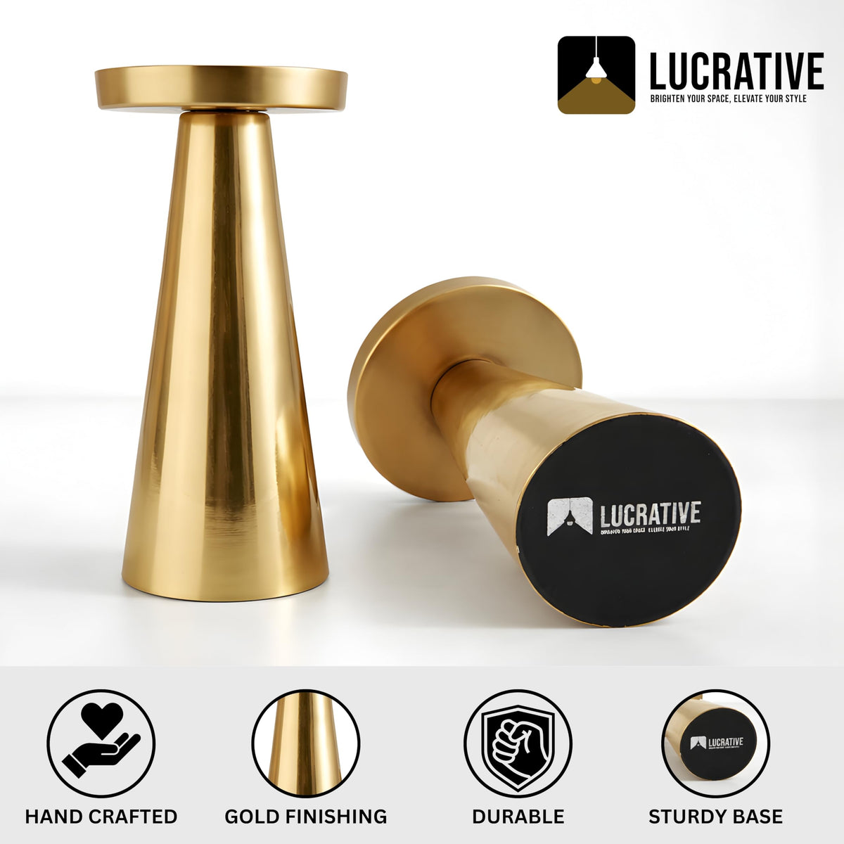 LUCRATIVE® Gold Metal Candle Holders – Handcrafted Modern Pillar Stands, Decorative Table Centerpiece for Dining Table, Living Room, Bedroom & Wedding Home Decor, Set of 2 (Candles Not Included)