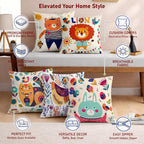 STITCHNEST Set of 5 Folk Art Animal Fantasy Collection Printed Polycotton Cushion Covers 18x18 Inches | Decorative Throw Pillow Covers for Sofa, Living Room, Bedroom | Perfect for Home Decor