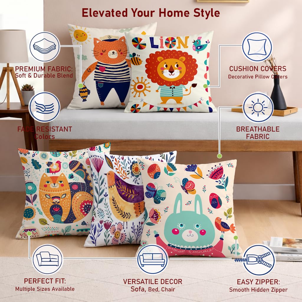 STITCHNEST Set of 5 Folk Art Animal Fantasy Collection Printed Polycotton Cushion Covers 12x12 Inches | Decorative Throw Pillow Covers for Sofa, Living Room, Bedroom | Perfect for Home Decor