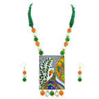JFL - Jewellery for Less Independence Day & Republic Day Tricolor Madhubani Art Necklace Set with Bracelet for Women | Antique Handmade Wooden Pendant Jewellery Set | Green White Orange Beaded Ethnic Necklace with Matching Earrings | Traditional Jewellery