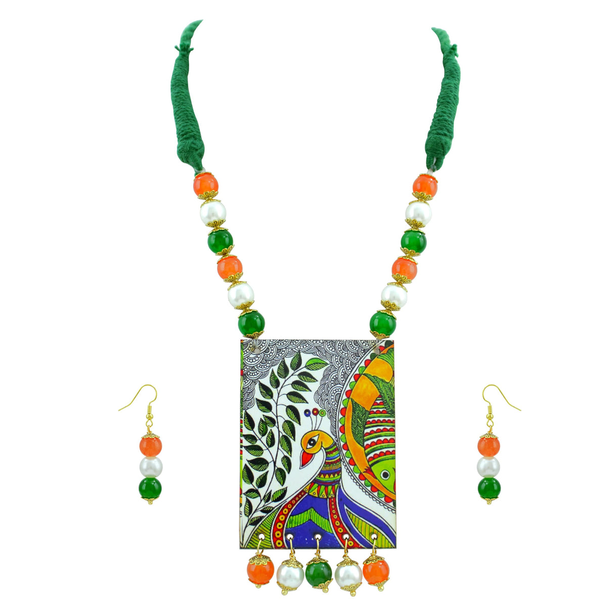 JFL - Jewellery for Less Independence Day & Republic Day Tricolor Madhubani Art Necklace Set with Bracelet for Women | Antique Handmade Wooden Pendant Jewellery Set | Green White Orange Beaded Ethnic Necklace with Matching Earrings | Traditional Jewellery