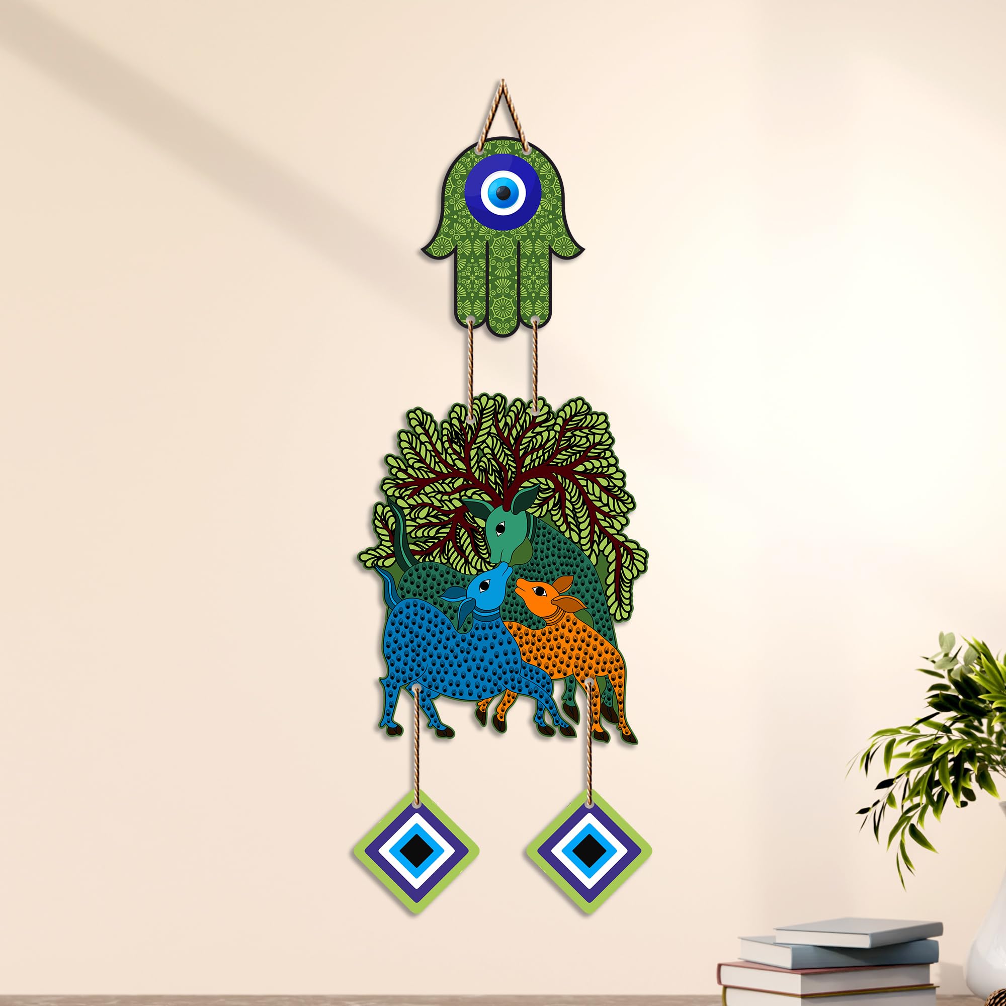 Artvibes Tree of Life Deer Family Evil Eye Wall Hanging Decor | Nature Inspired Nazar Battu Protection Ornament | Rustic Spiritual Accent for Home Entrance | Living Room | Gift Item (WH_85146N)