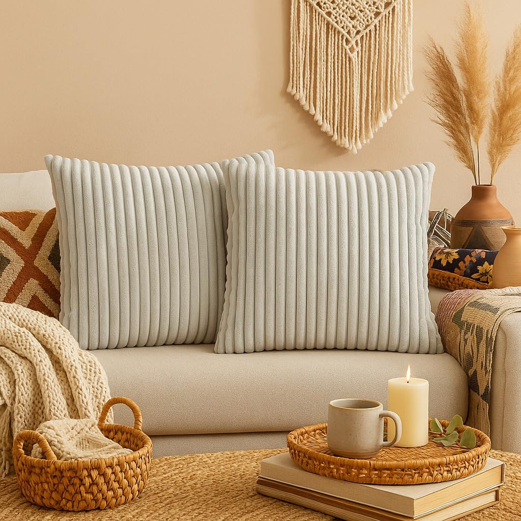 AWARD VELVETS Premium Faux Rabbit Fur Plush Luxury Soft Fluffy Striped Decorative Throw Pillow/Cushion Covers for Sofa, Couch, Living Room - (Light Grey, 24 x 24 inch) Set of 1
