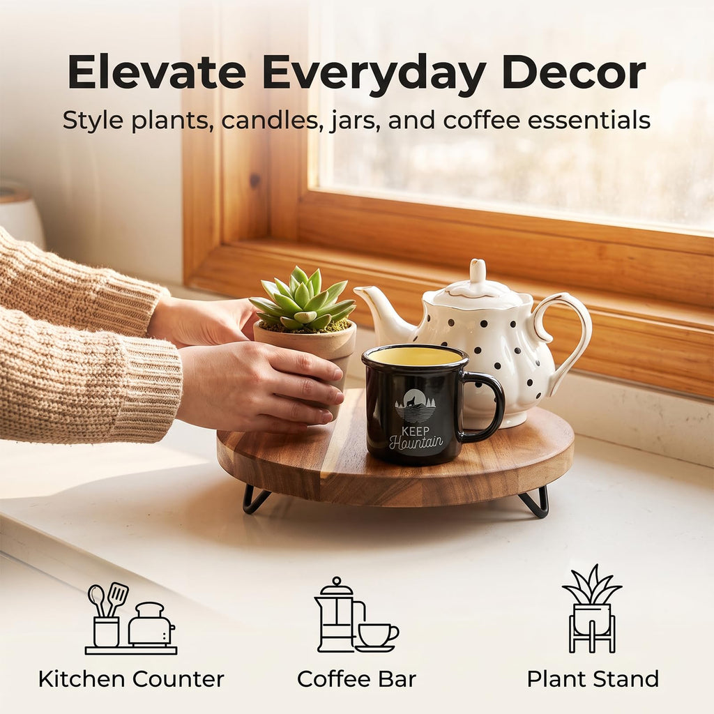 WILDMOS Decorative Round Wood Riser For Display,Pedestal Tray For Home Or Kitchen And Bathroom Countertop Organizer,Farmhouse Kitchen Counter Decor Tray. (12-Inch), Brown