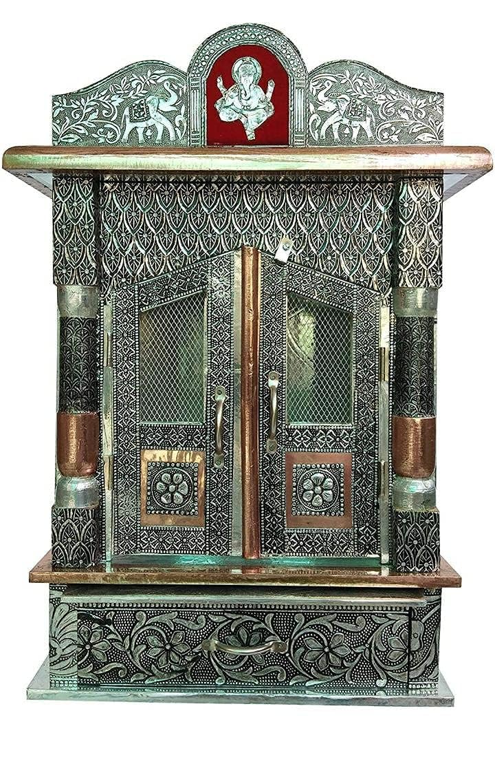 Suhanika Crafters Wooden Pooja Mandir With Copper Aluminum Accents | Large Size Temple for Home, Office, Room | Dev Ghar Sagache Mantapa (9X12 Inches)