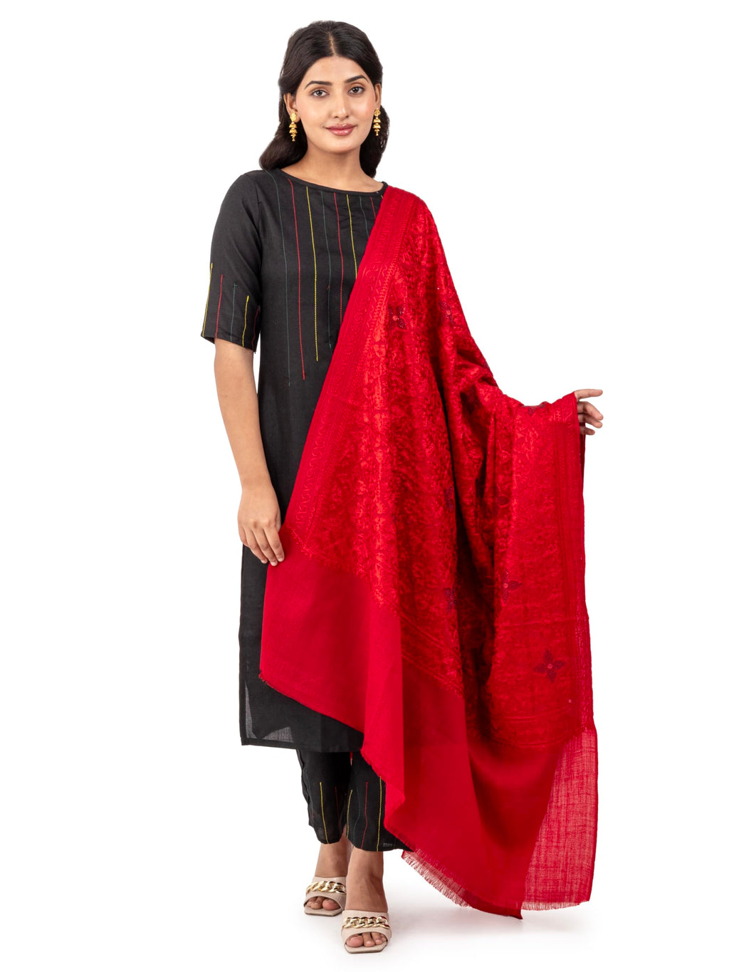 Naureen Women Pashmina Blend Shawl, Aari Embroidery with Shimmering Crystals, Warm and Soft, 40x80 inches