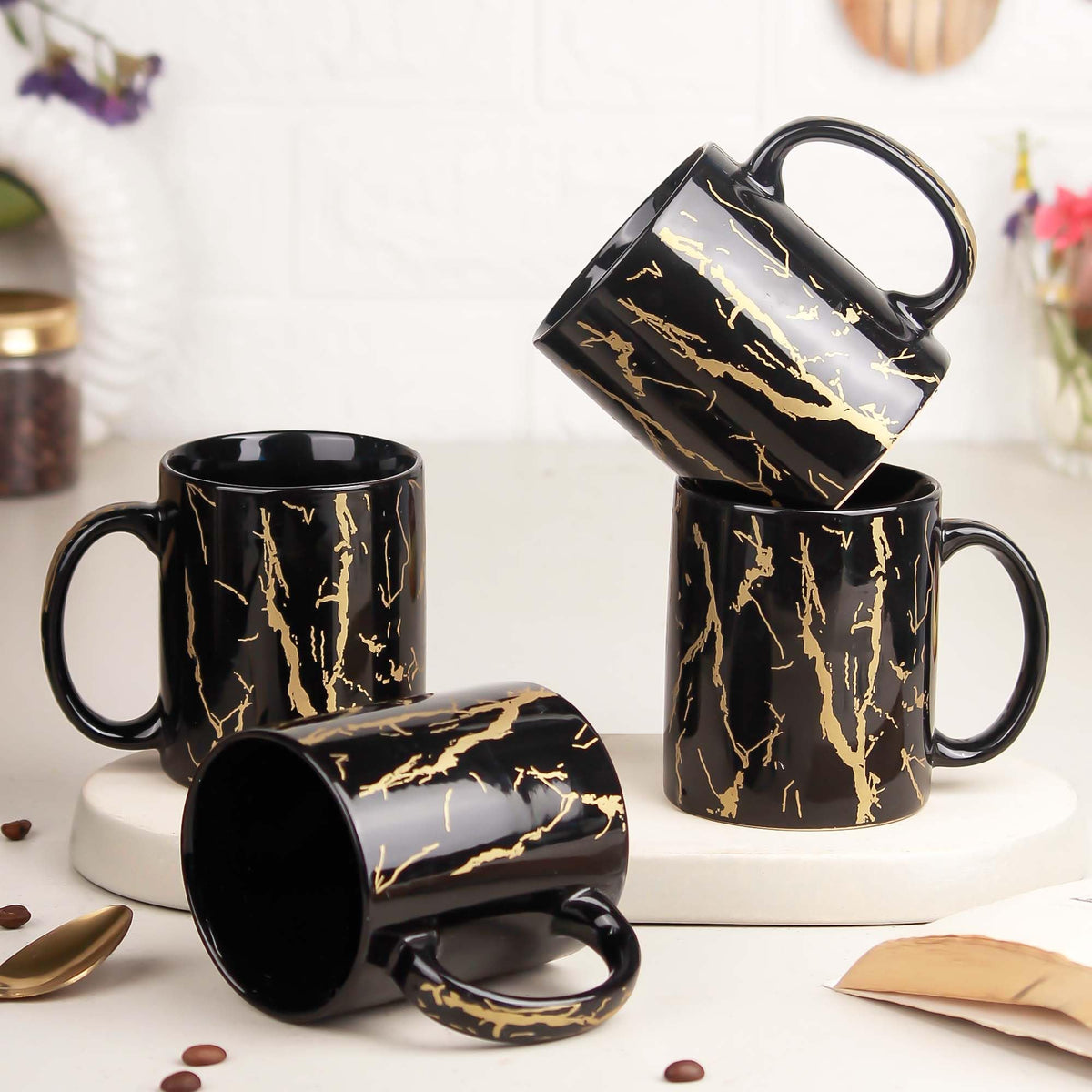 The Earth Store Black Copper Pipe Coffee Mug Set of 4 Ceramic Mugs to Gift to Best Friend, Tea Mugs, Microwave Safe Coffee Mugs,