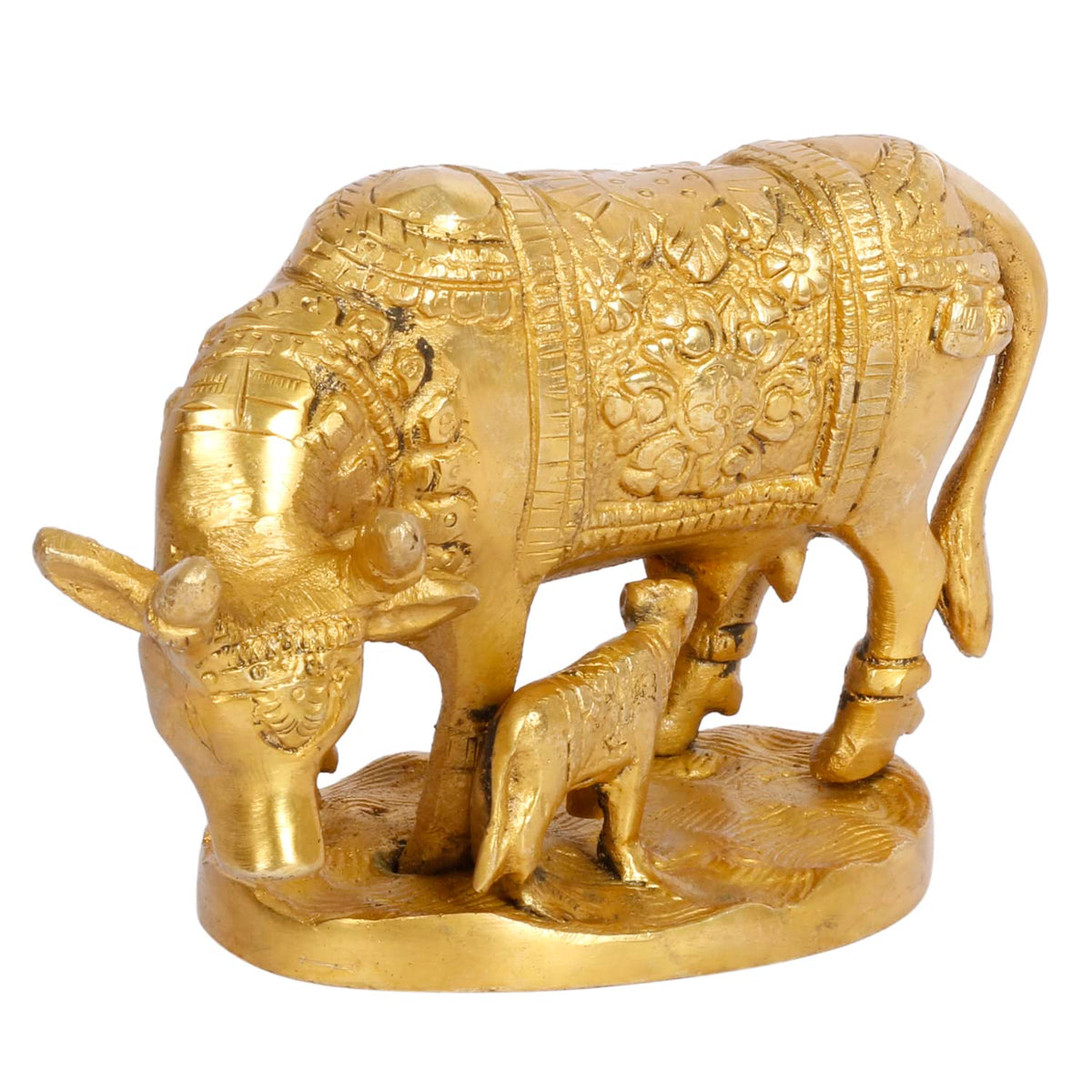 ARTVARKO Brass Cow and Calf Statue Kamdhenu Vastu Gau MATA Idol, Vastu Nandi Pooja Figurine Gold Color 5 Inch.