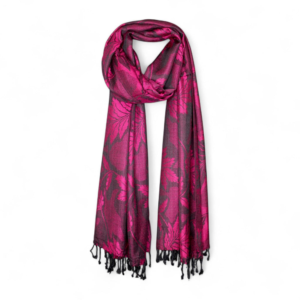 STOLE STUDIO Embellished Leaf Luxurious Viscose Stole Scarf (Black/Rani)