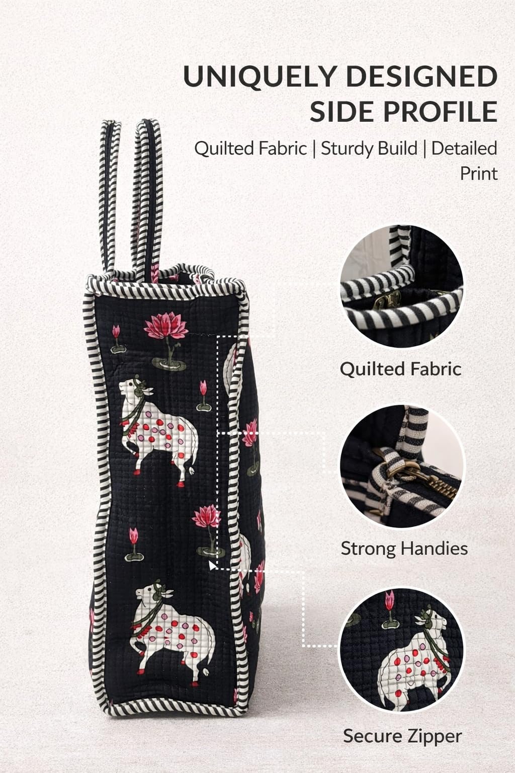 NAYASHI Big Size Printed Cotton Tote Bag | Pichwai Quilted Design | Inner & Mini Pocket | Heavy Metal Zipper | Shopping, Office & Travel | Midnight Black | 18 x 18 Inches