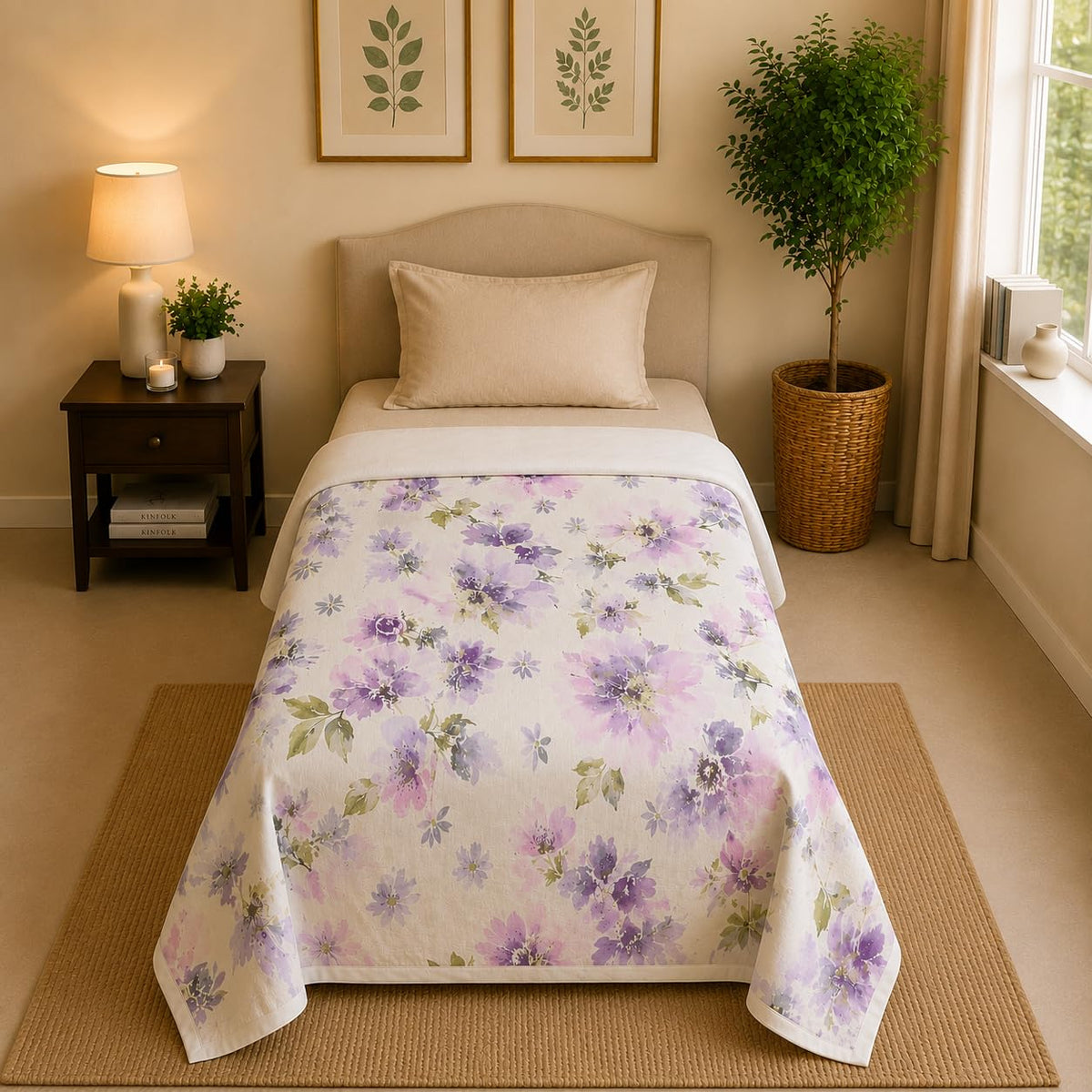 Linen Home Reversible Dohar Single Size Floral Purple & White Kafalo