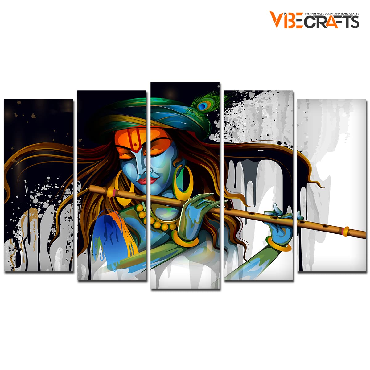 VIBECRAFTS Beautiful Krishna Playing Flute 5 Pieces Canvas Wall Painting For Home|Office|Living Room|Gift (PTVC5Pcs2_6506)