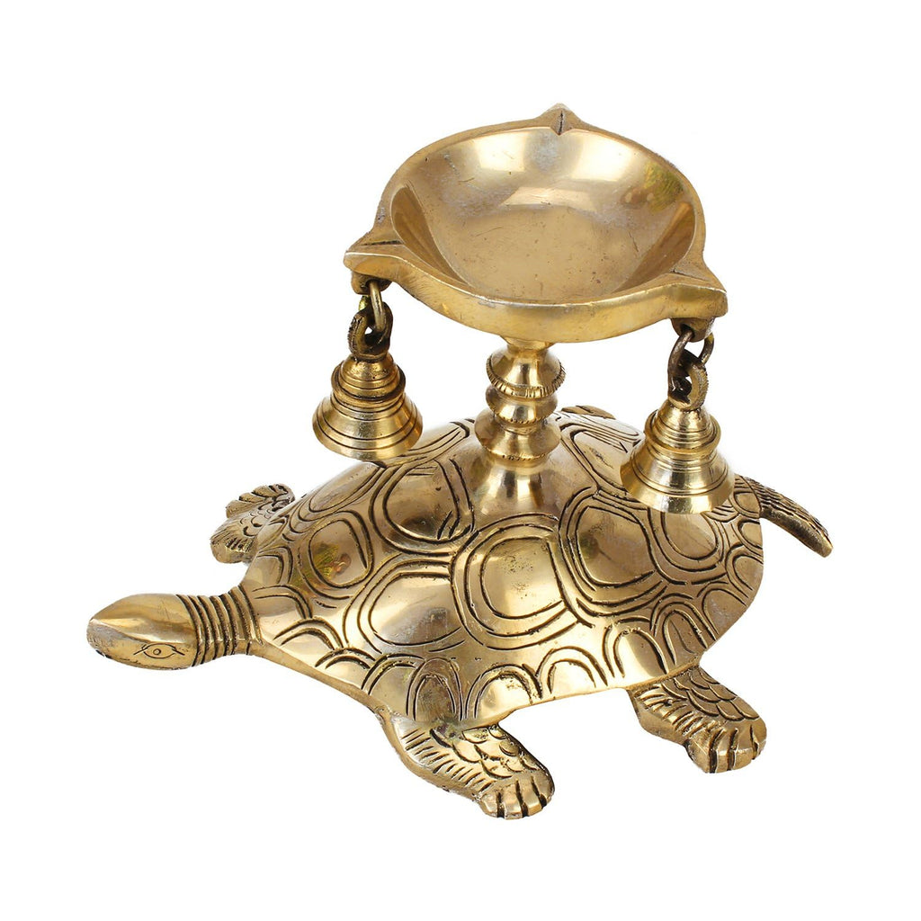 Svarup 9.5 Inch Brass Diya for Puja Room: Featuring a Tortoise (Kachua) Statue, Oil Lamp with Bells, ASHT Dhaatu Feng Shui Lucky Charm, Shree Yantra, and Vastu Benefits