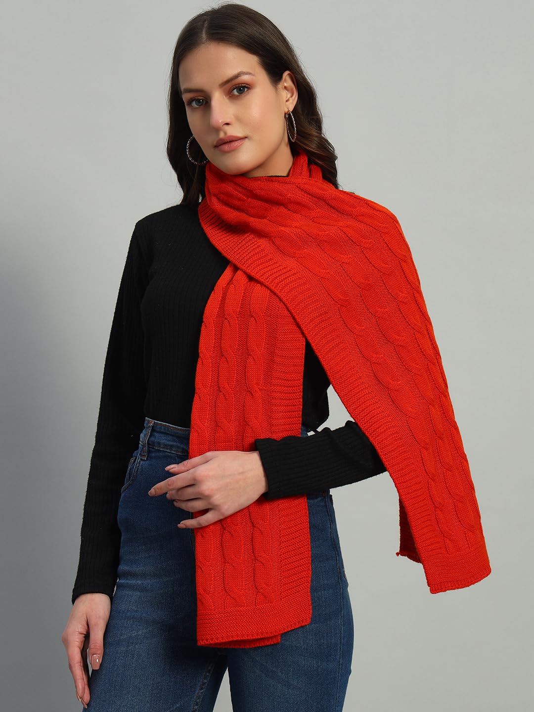 Ravaiyaa - Attitude is everything Reversible Wool Scarves Knitted Pattern Women Neck Wraps Muffler Winter Wool Scarf 65x14 Inch (Orange)
