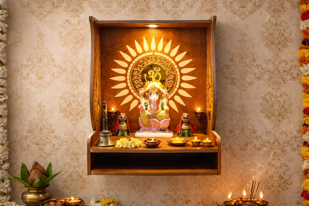 PIXELCRAFTS Wooden Temple Puja Mandir Art and Crafts Temple for Home, Shop, Office with LED SPOT Light (Size – H 15.5X L 11.5 x W 11 inch) (COACHWOODUNIQUE)