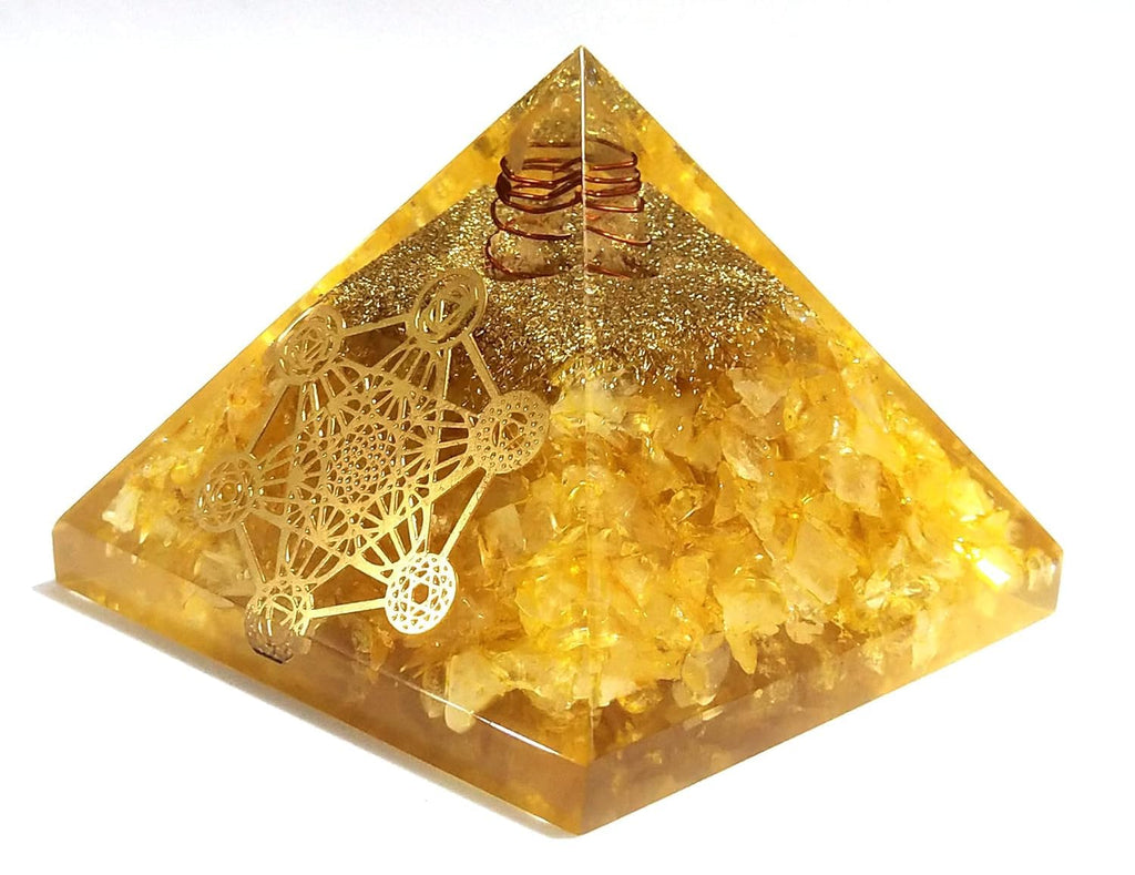 NAKSHATRA ENTERPRISE Spiritual Healing Collection with Pyrite Frame, Orgone Pyramid, Crystal Tree, Vastu Decor for Home & Office, Positive Energy & Wealth (Citrine Orgone Pyramid)