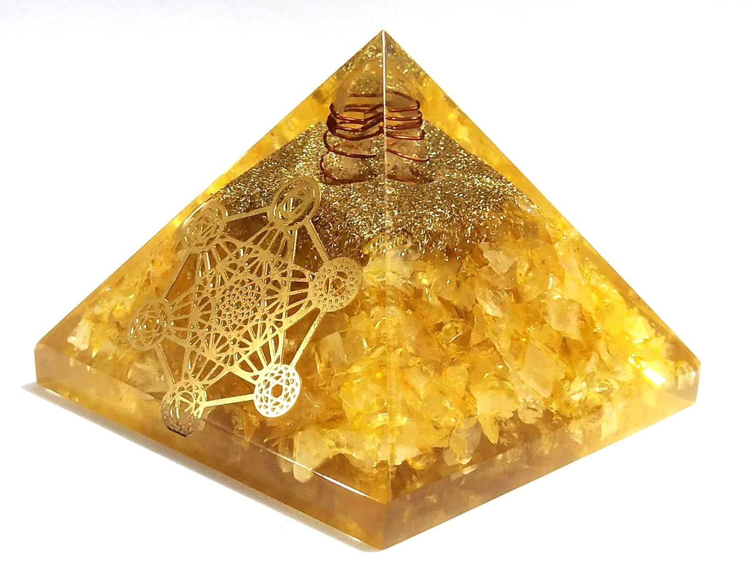 NAKSHATRA ENTERPRISE Spiritual Healing Collection with Pyrite Frame, Orgone Pyramid, Crystal Tree, Vastu Decor for Home & Office, Positive Energy & Wealth (Citrine Orgone Pyramid)