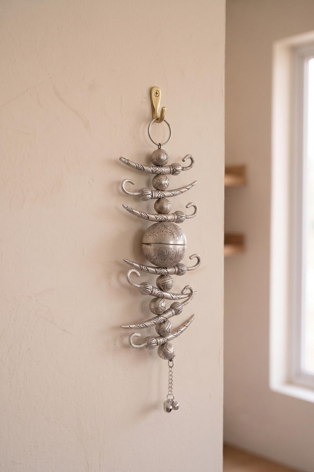 KridayKraft Traditional Nimbu Mirchi Beads Hanging for Positive Energy | Metallic Silver Finish Decorative Nazar Battu for Doorway/Entrance.