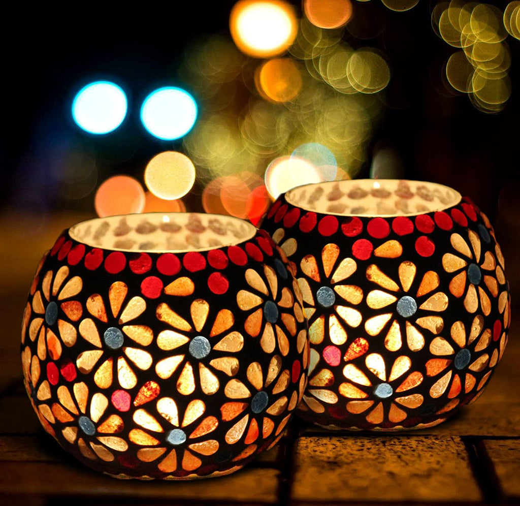 The Purple Tree Glass Mosaic Tealight Candle Holder for Diwali Decor, Christmas Decor - Pack of 2