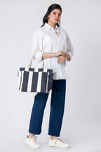 AQVA Large Cotton Canvas Tote Bag for Women with Side Pockets | Trendy Stylish Multipurpose Handbag with Zipper | Shoulder Bag for Shopping, Travel and Work | Navy Blue
