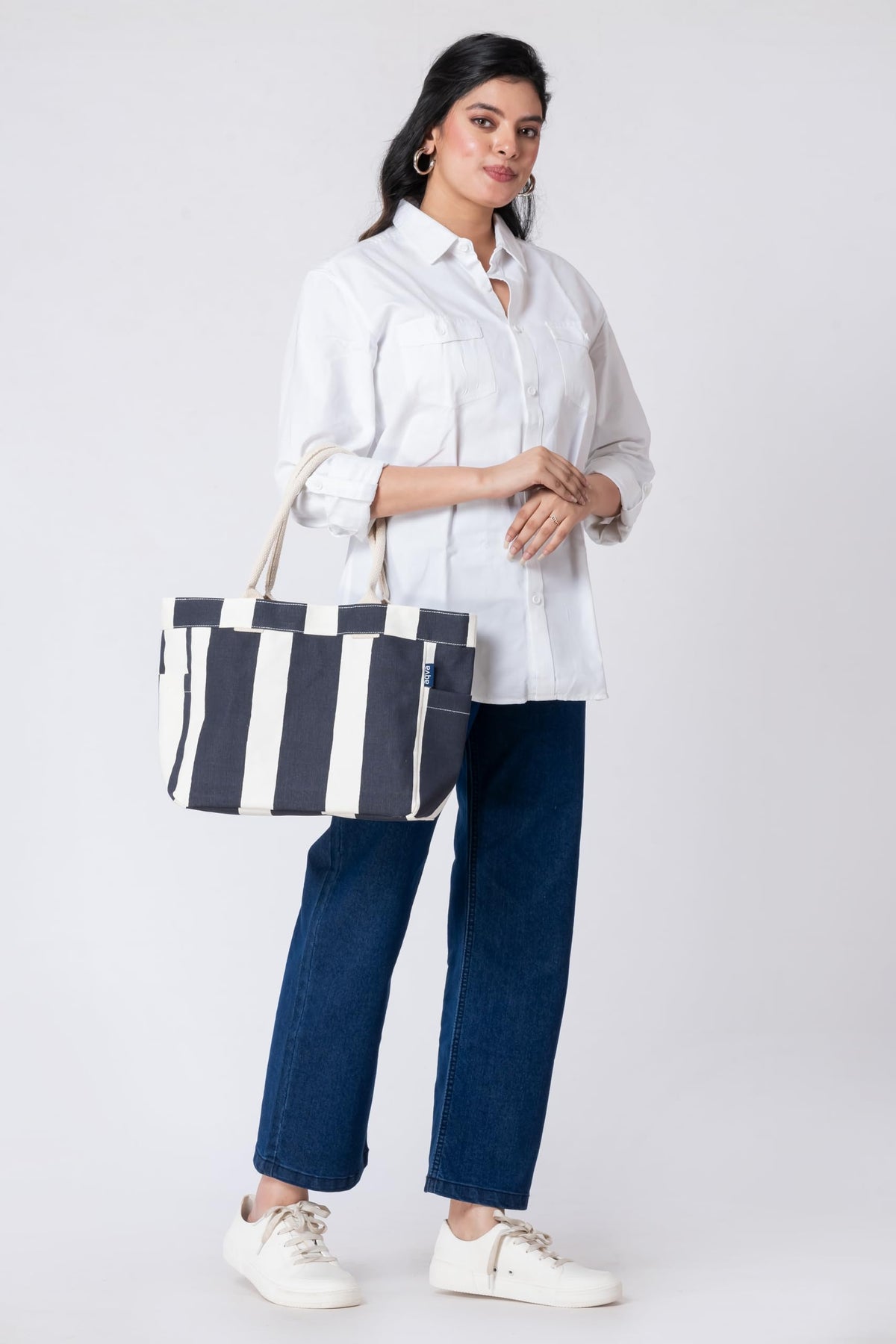 AQVA Large Cotton Canvas Tote Bag for Women with Side Pockets | Trendy Stylish Multipurpose Handbag with Zipper | Shoulder Bag for Shopping, Travel and Work | Navy Blue