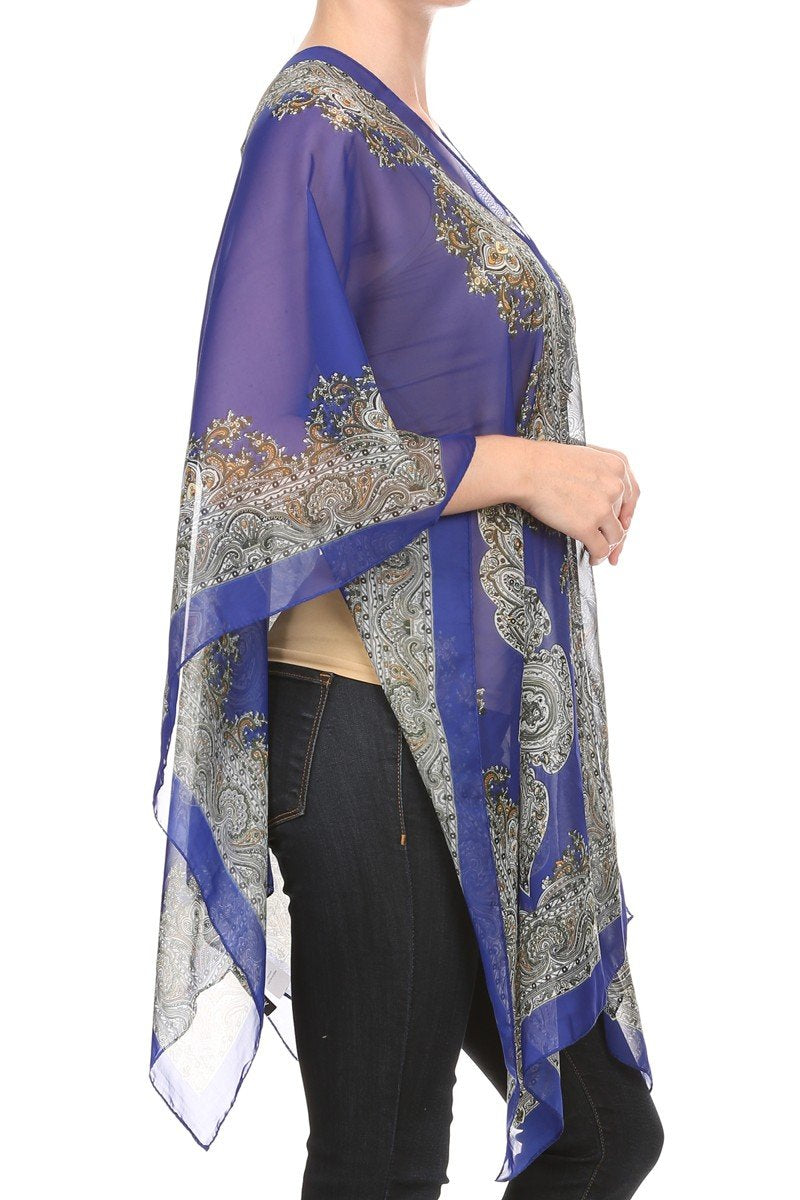 LL Womens Blue Light Weight Bohemian Poncho See Through Top Summer Scarf