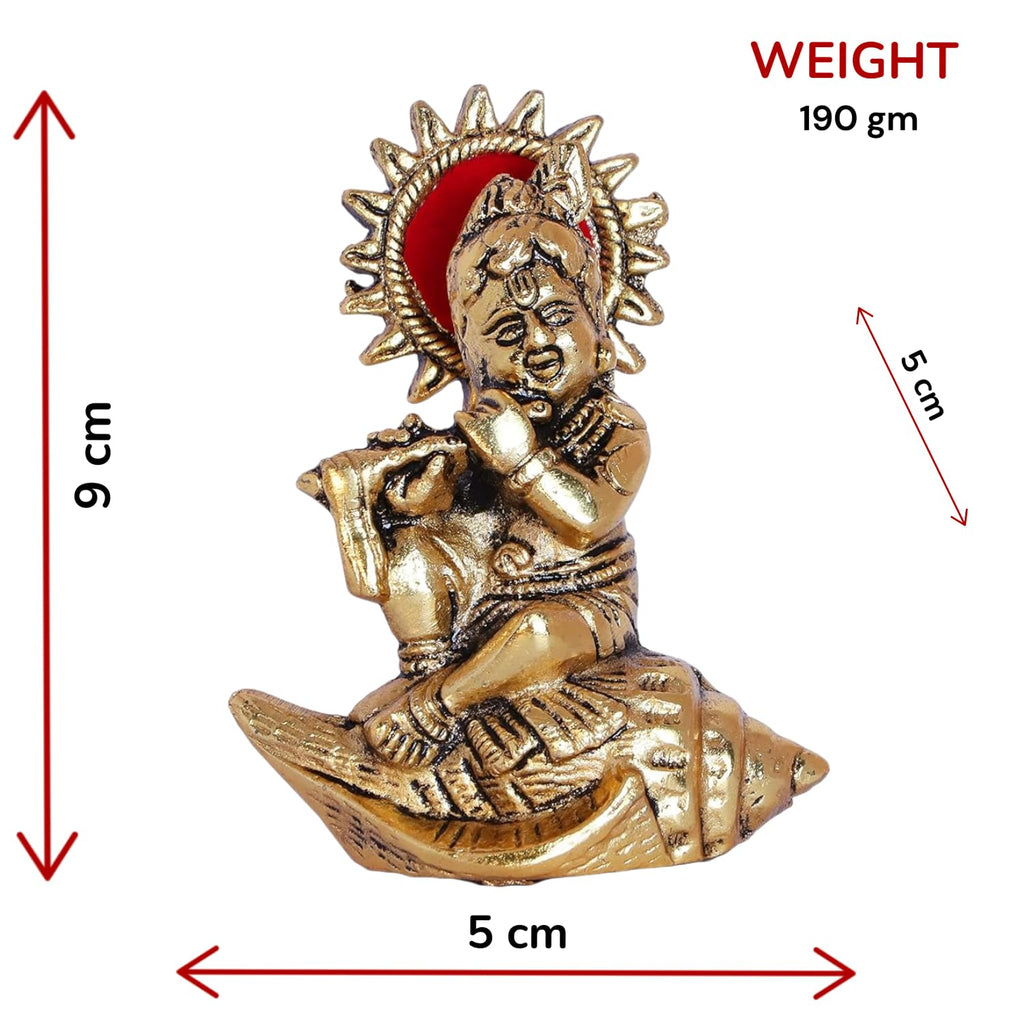 KridayKraft Lord Krishna On Shankh Metal Statue Bal Laddu Gopal Murti Playing Flute Decorative Showpiece for Pooja Room Home Office Decor Religious Idol Figurine for Study Table & Gifting Purpose