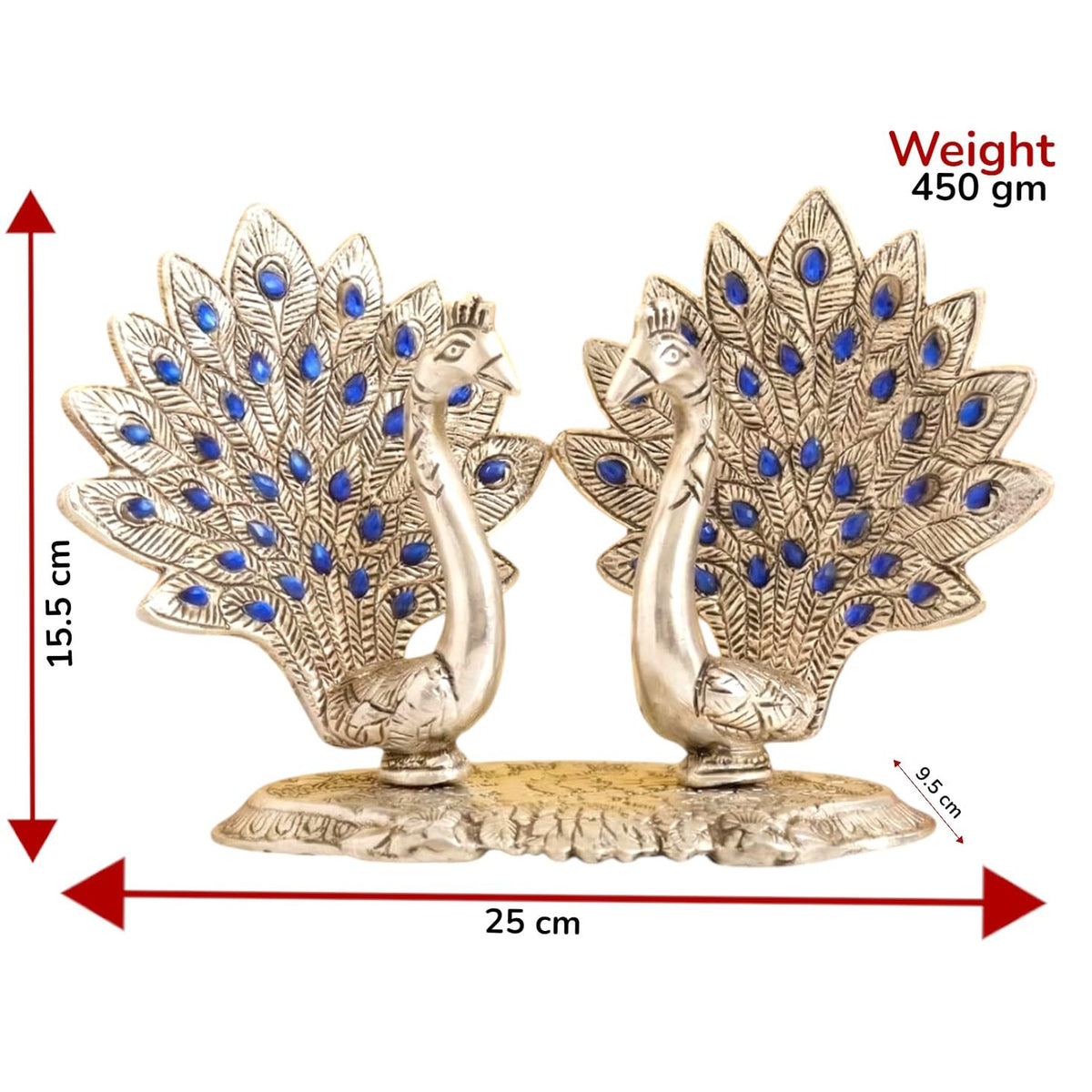 KridayKraft Double Peacock Metal Statue, Lovers Peacock Couple, Animal Showpiece Figurines, Feng Shui as Table Top Figurine for Living Room, Office, Bedroom, Decorative (Silver)