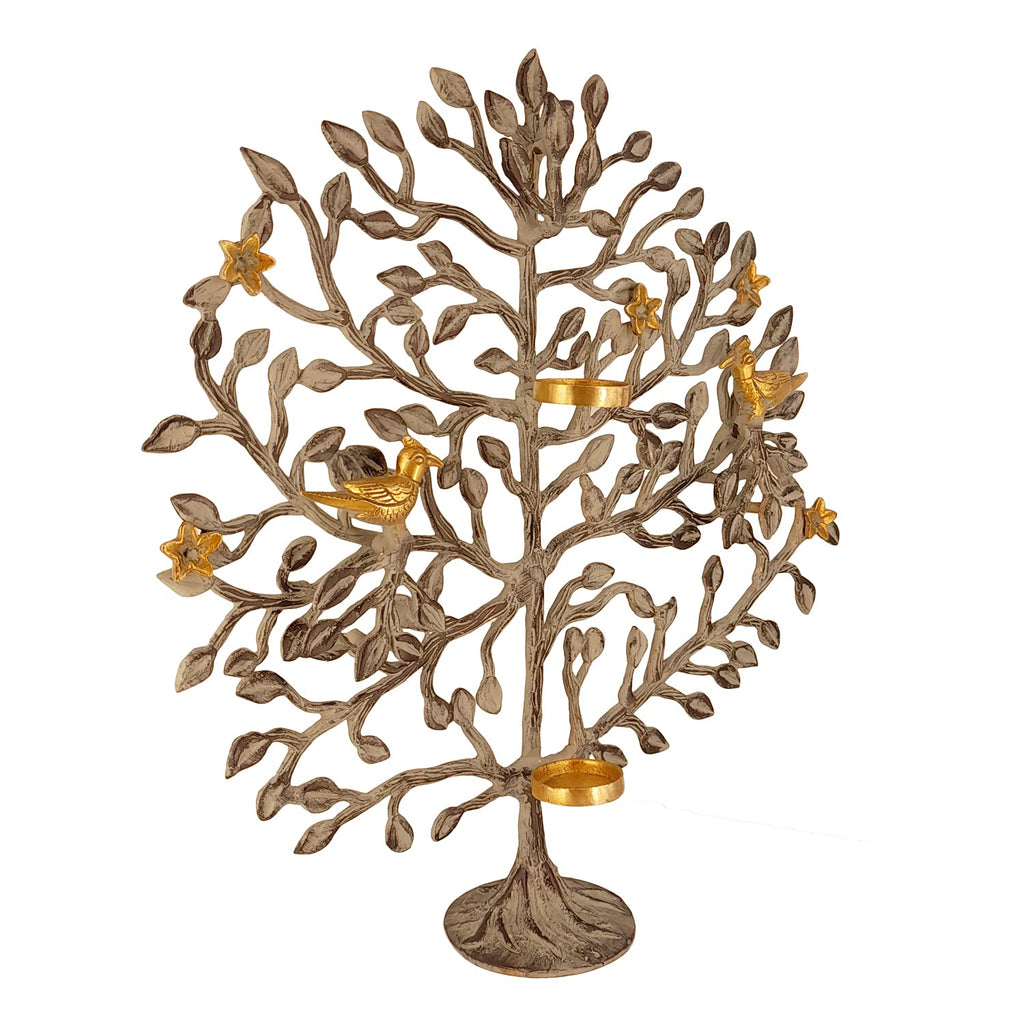 Artvarko Brass Tree of Life Candle Holder Stand with Birds Sitting on Tree's Branch Traditional and Decorative Kalpavriksha (Brown & Gold 15x17 Inches)